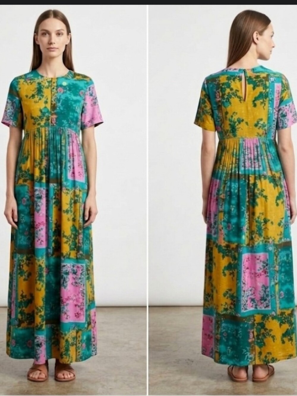 New patchwork maxi dress L hi waist bright botanical